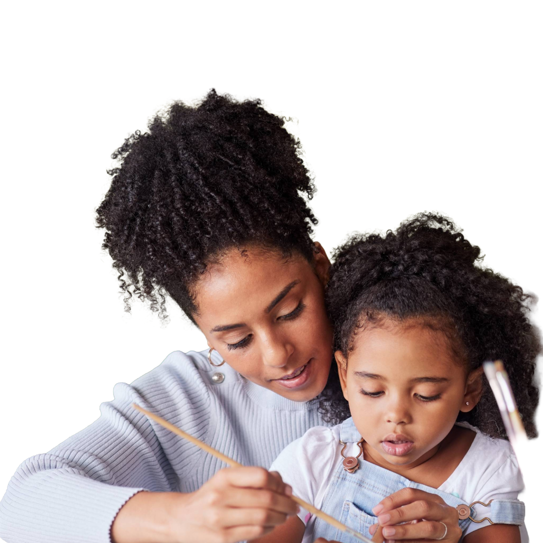 Mother and young child both with very curly hair paint together.