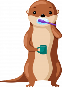 AdobeStock_614197057 animated otter holding a toothbrush, brushing teeth and holding a mug